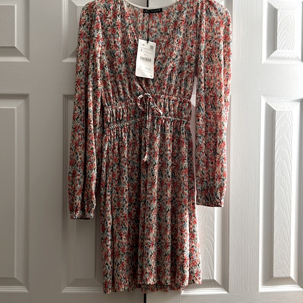 Zara floral print front ribbon mini dress size small nwt